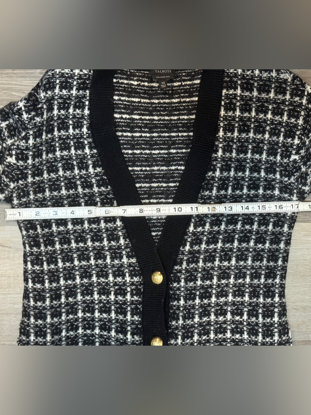 Talbots Black & White Tweed Long Cardigan Merino Wool Sweater with Gold Buttons - Picture 5 of 9